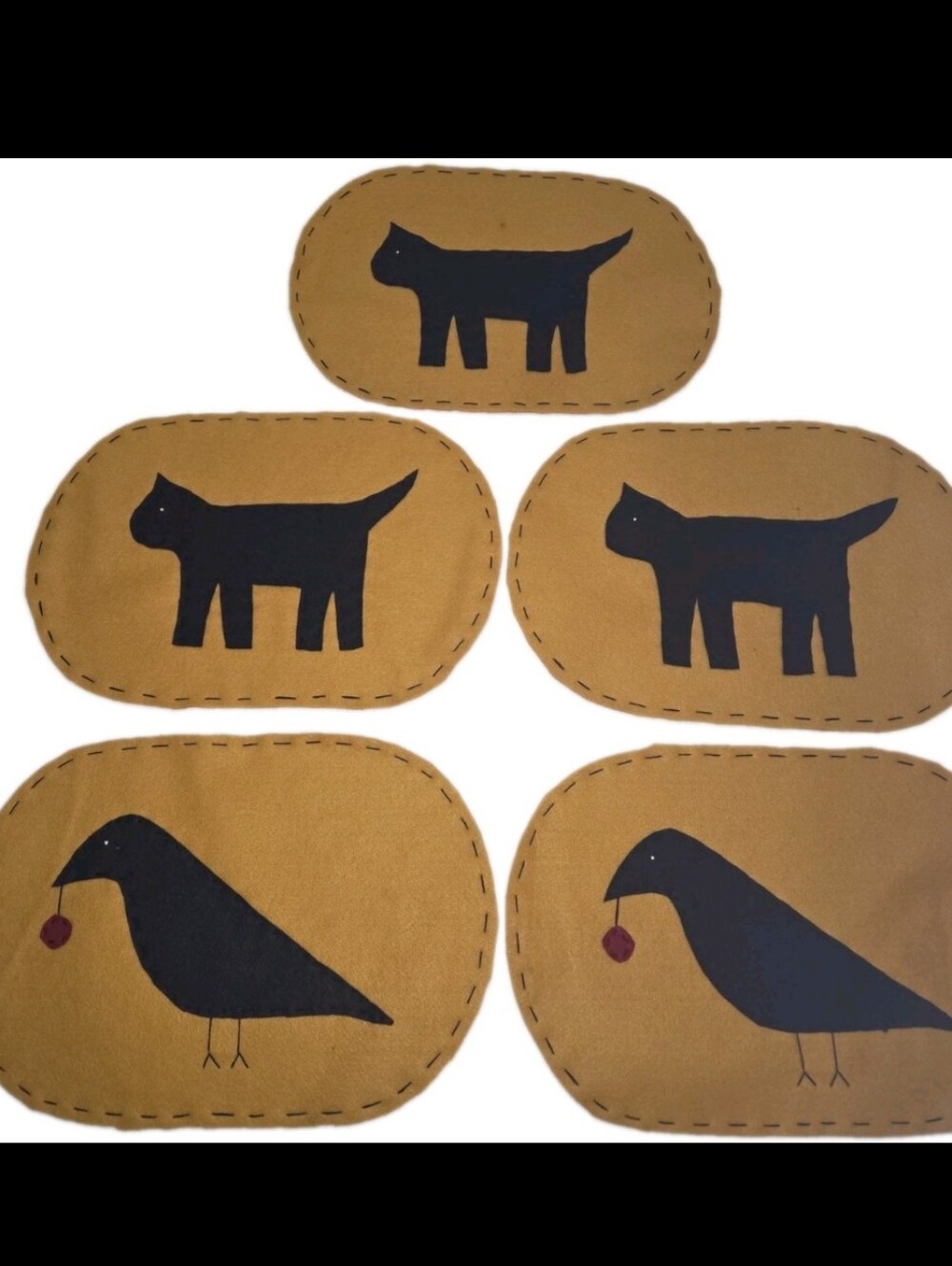 Folk Art Placemats Cat Crow Set of 5 Felt Handmade Burnt Orange 18x12